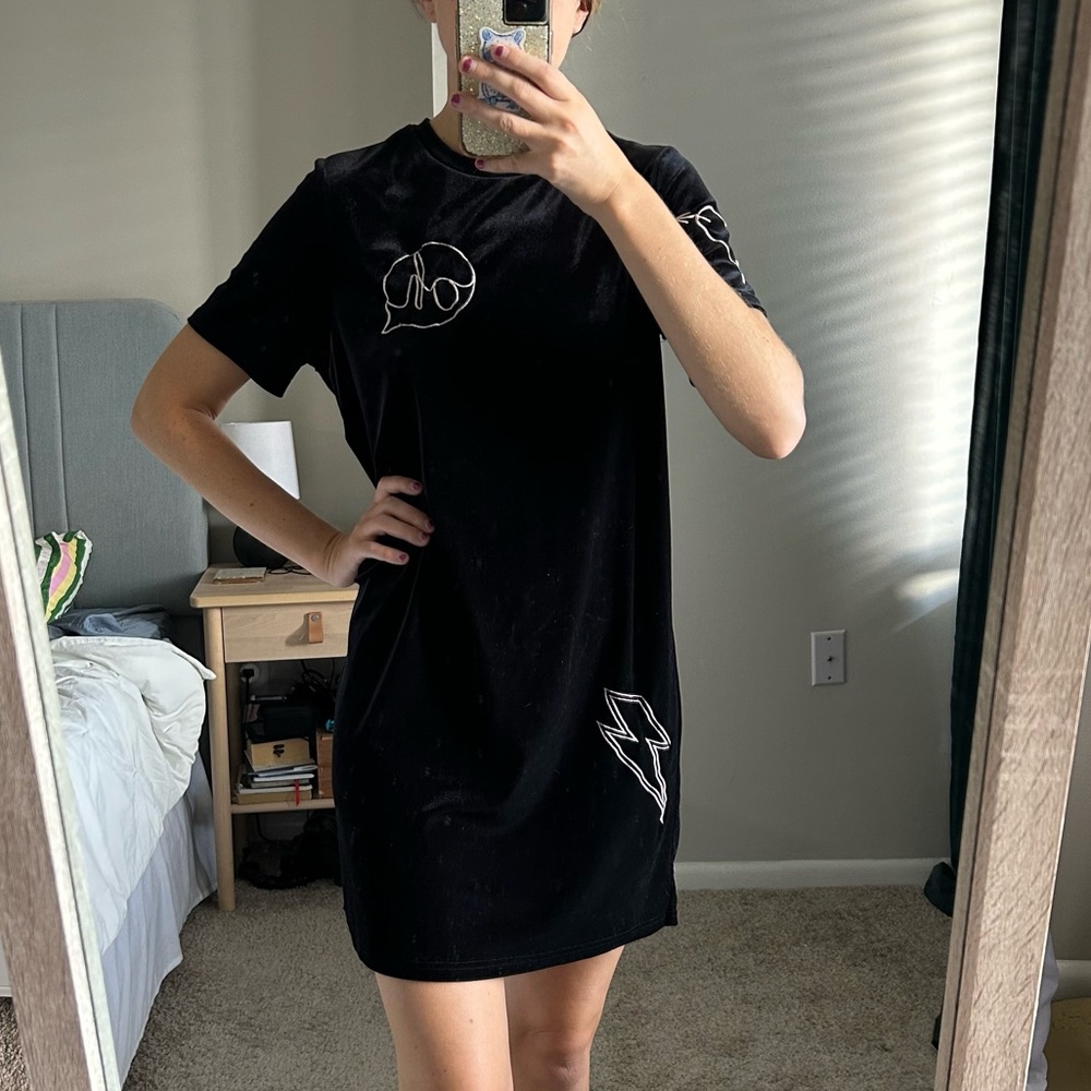 Embroidered Crushed Velvet Black Mini Dress